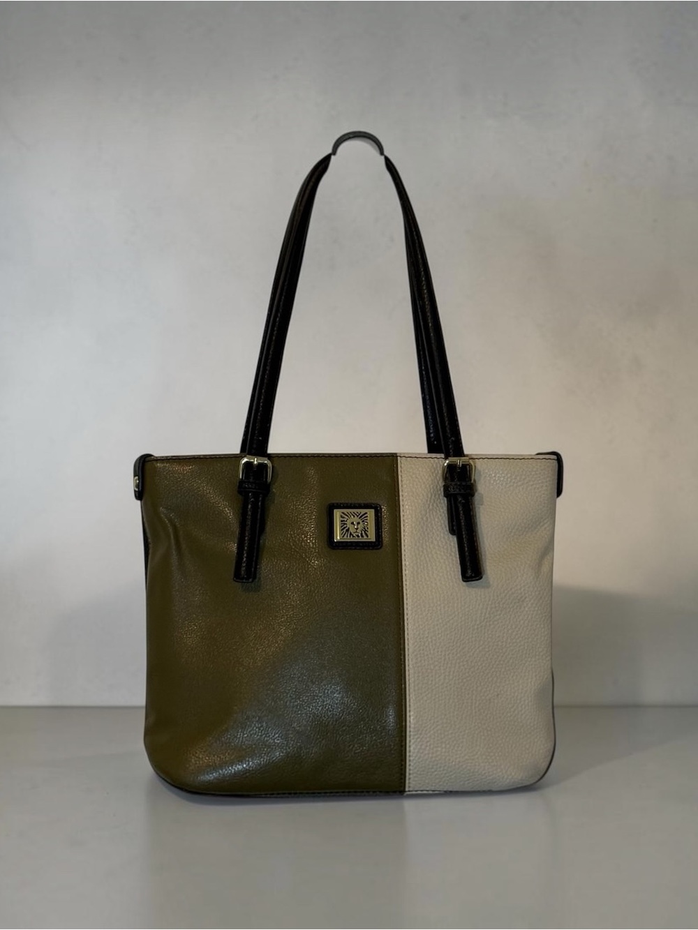 Anne Klein Color Block Lion Logo Tote Bag Faux Leather Olive Black Ivory As Is